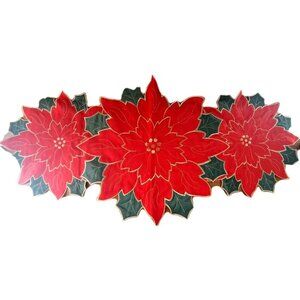 Unbranded Poinsettia & Holly 31" Table Runner Holiday Christmas Red Green Gold